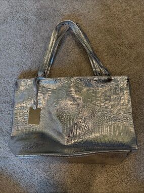 Metallic Silver Croc-Embossed Tote Bag